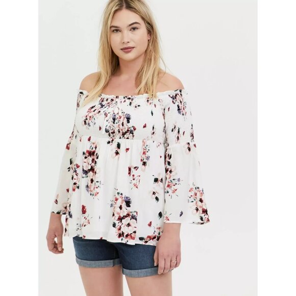 Torrid Modal Lace-Up Smocked Off-Shoulder Top White Floral Long Sleeves Sz 0 XL - Picture 1 of 10